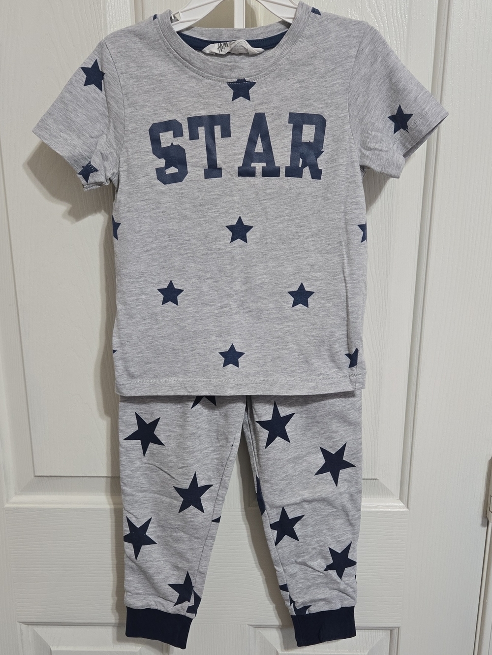 H&M grey and blue stars short sleeve shirt and jogger pants outfit
